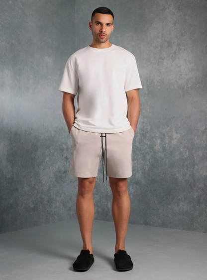 Graue Drop-Crotch Baumwoll-Shorts mit Kordelzug